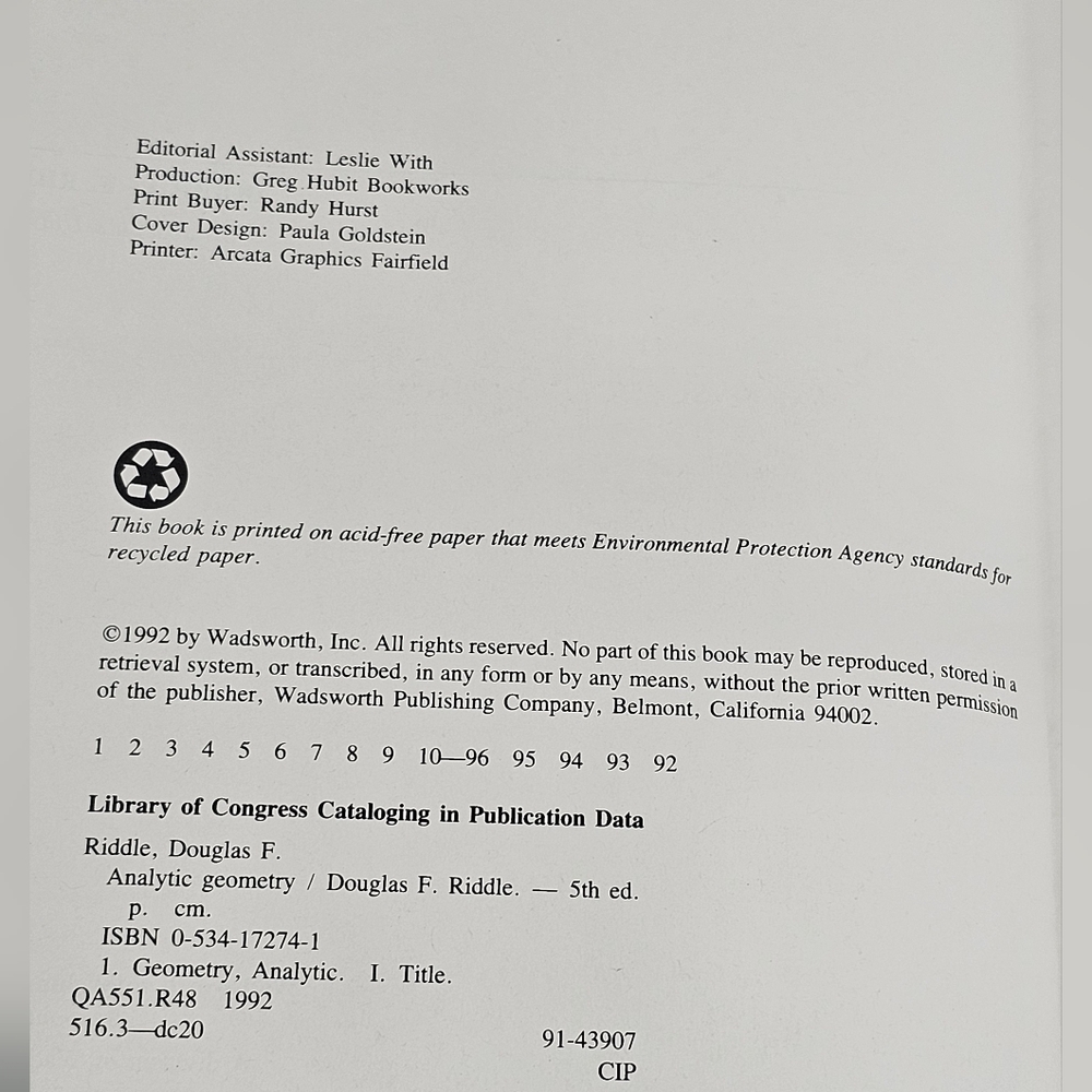 Analytical Geometry 5th Edition Hardcover Textbook Douglas Riddle 1992 Formulas - Picture 6 of 11